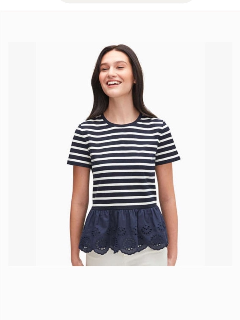 Kate Spade New York Striped Peplum Top Navy White Eyelet Hem Short Sleeve Large